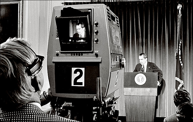 President Richard Nixon answers questions from reporters during a White House press conference, Washington,1970s.